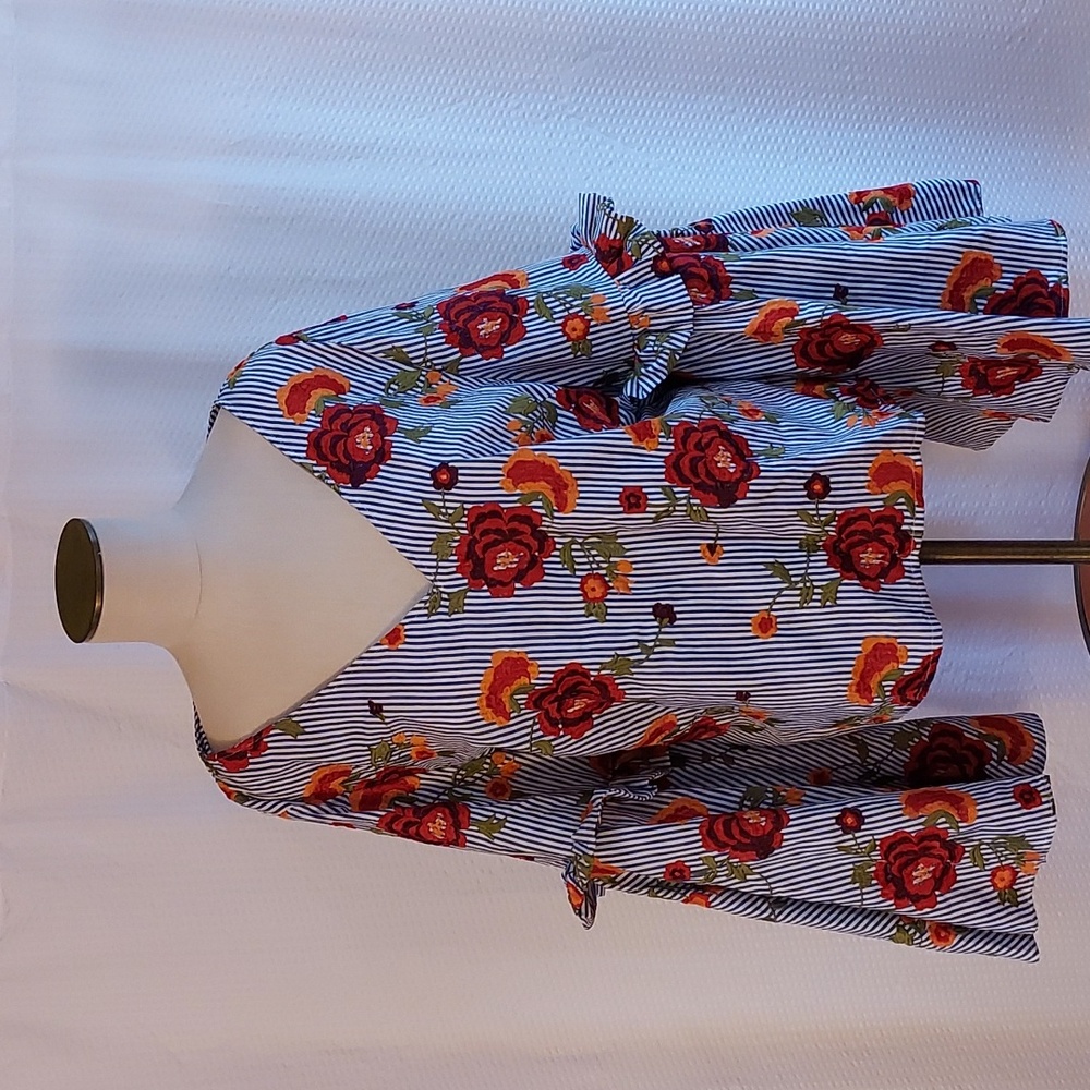 Boston Proper Women's Blouse Top Cotton Blue Stripe Embroidered Bell Sleeves 18